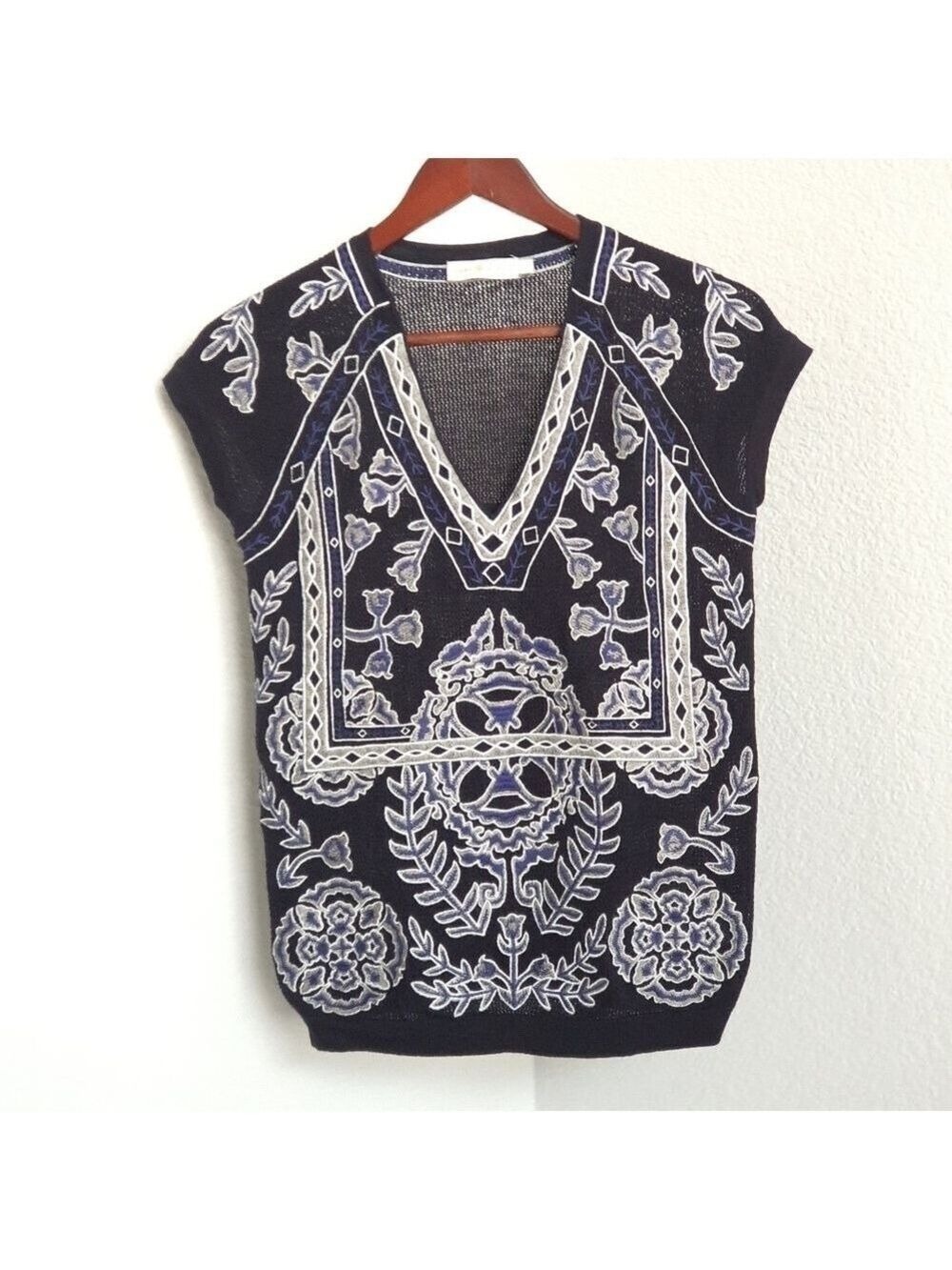 Tory Burch Merino Wool Top Embroidered Multi Blue Womens XS